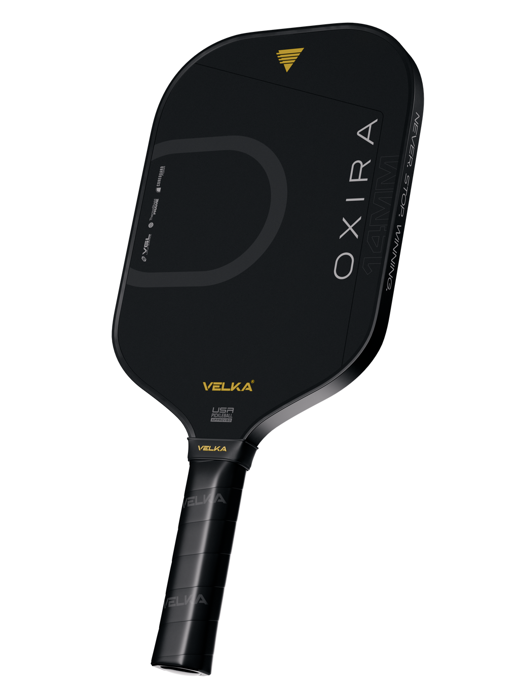 Black pickleball paddle with 'Velka' branding on a white background