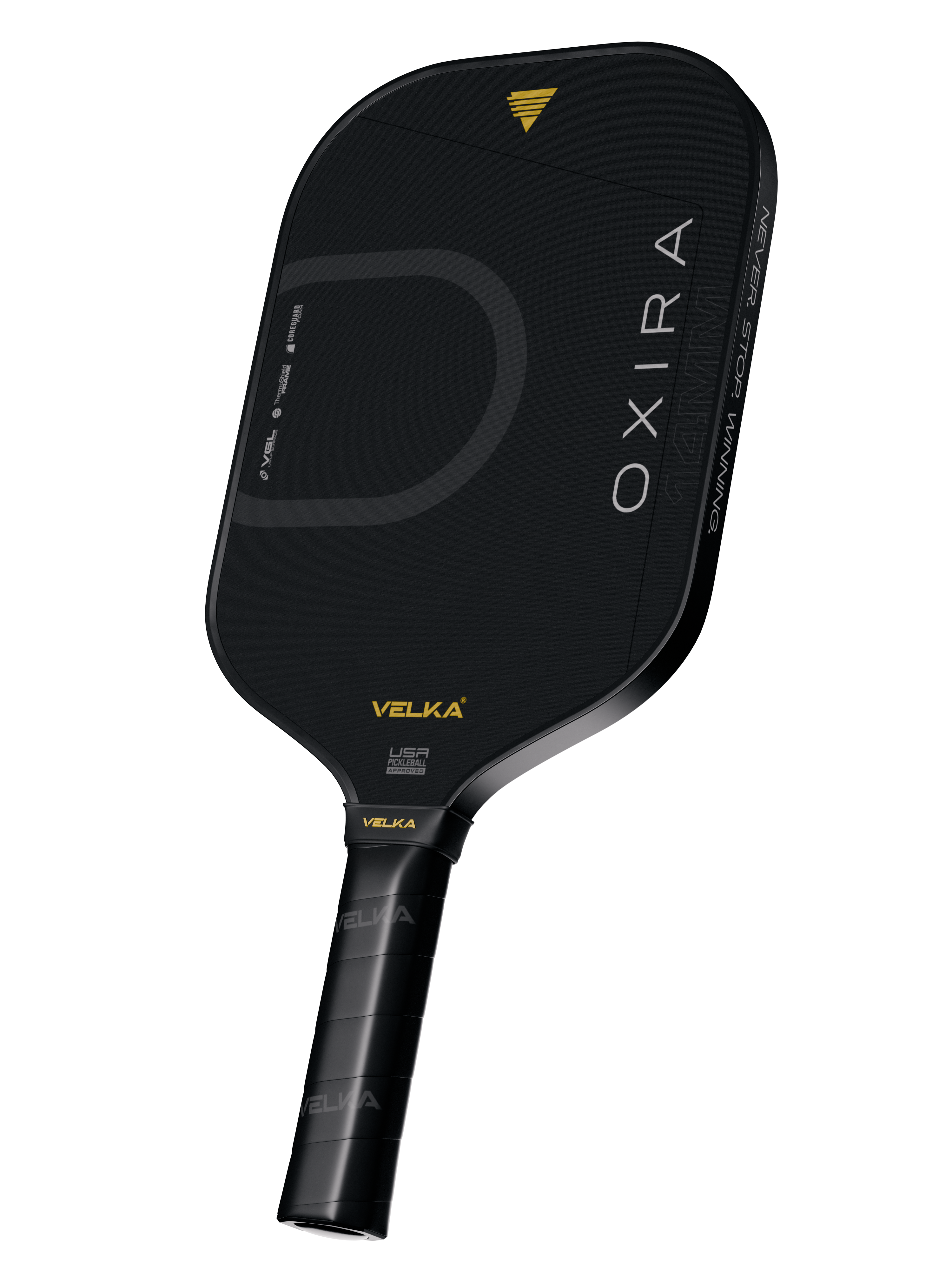 Black pickleball paddle with 'Velka' branding on a white background