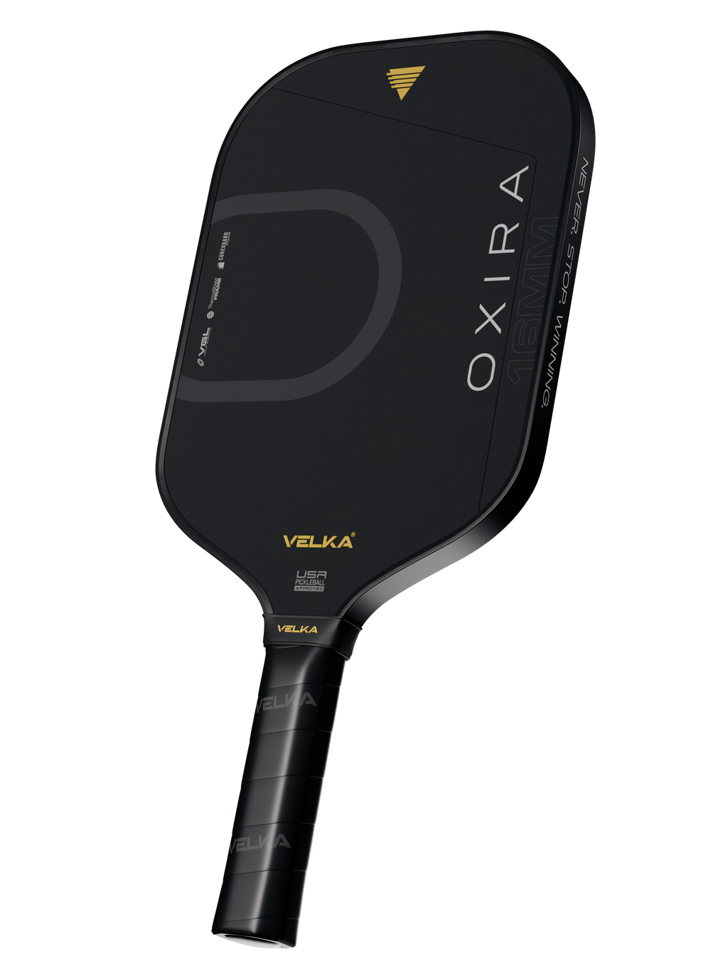 Black pickleball paddle with 'Velka' branding on a transparent background