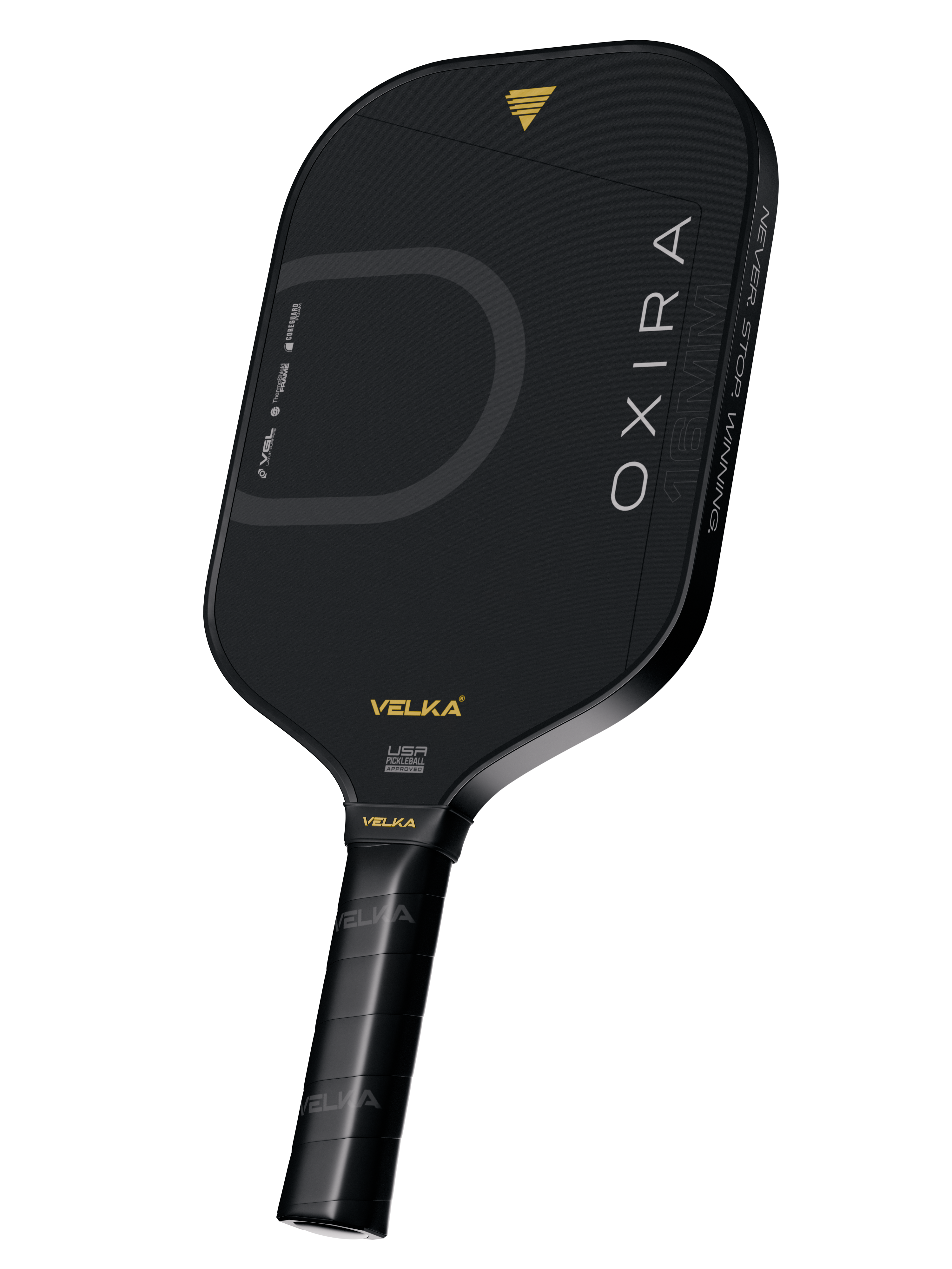 Black pickleball paddle with 'Velka' branding on a transparent background