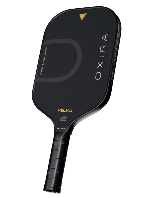 Black pickleball paddle with 'Velka' branding on a transparent background