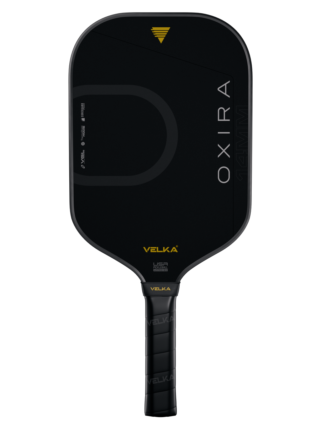 Black pickleball paddle with 'OXIRA' branding on a white background