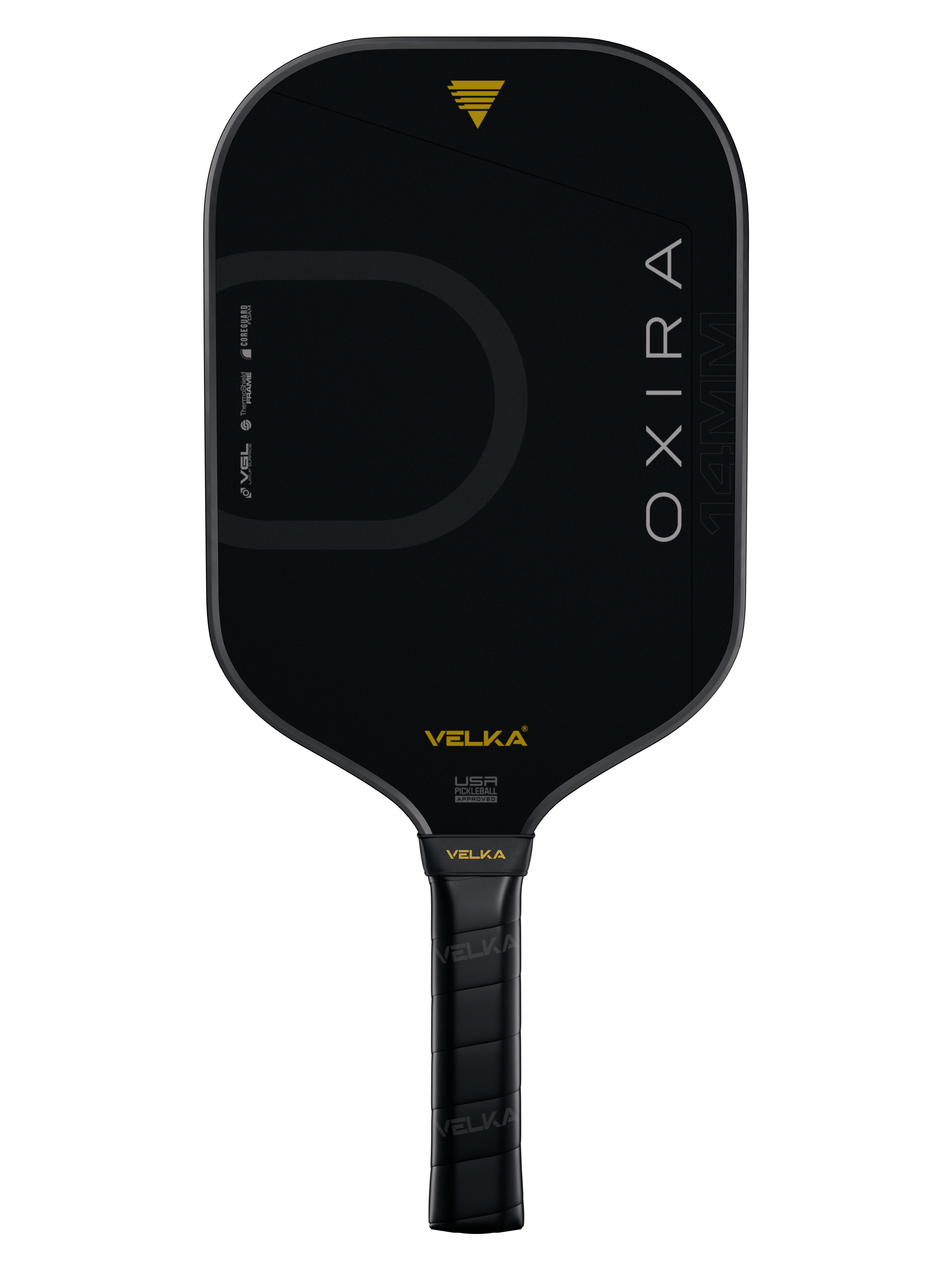 Black pickleball paddle with 'OXIRA' branding on a white background