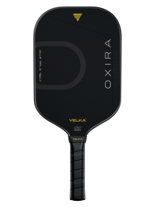 Black pickleball paddle with 'OXIRA' branding on a white background