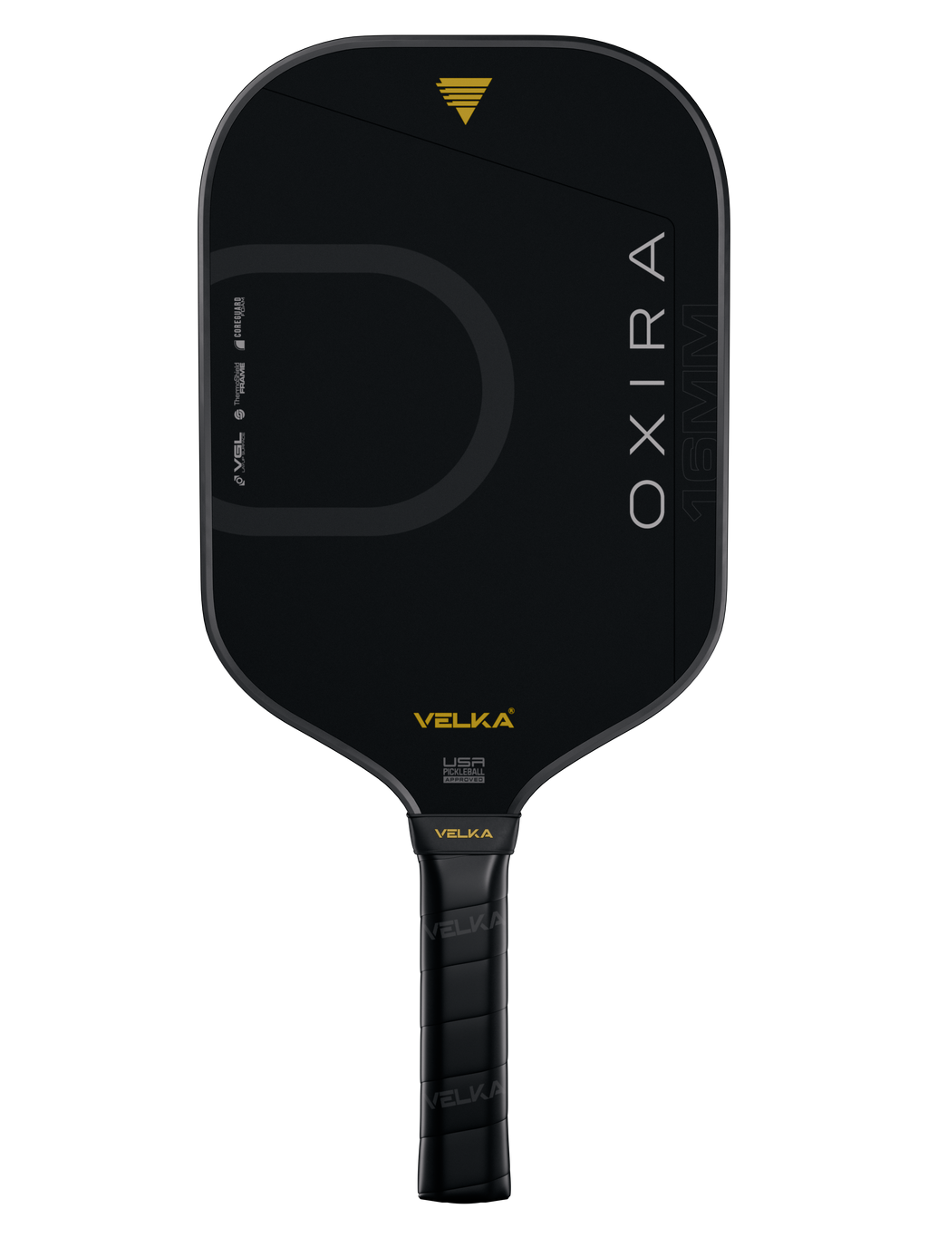 Black pickleball paddle with 'OXIRA' branding on a transparent background