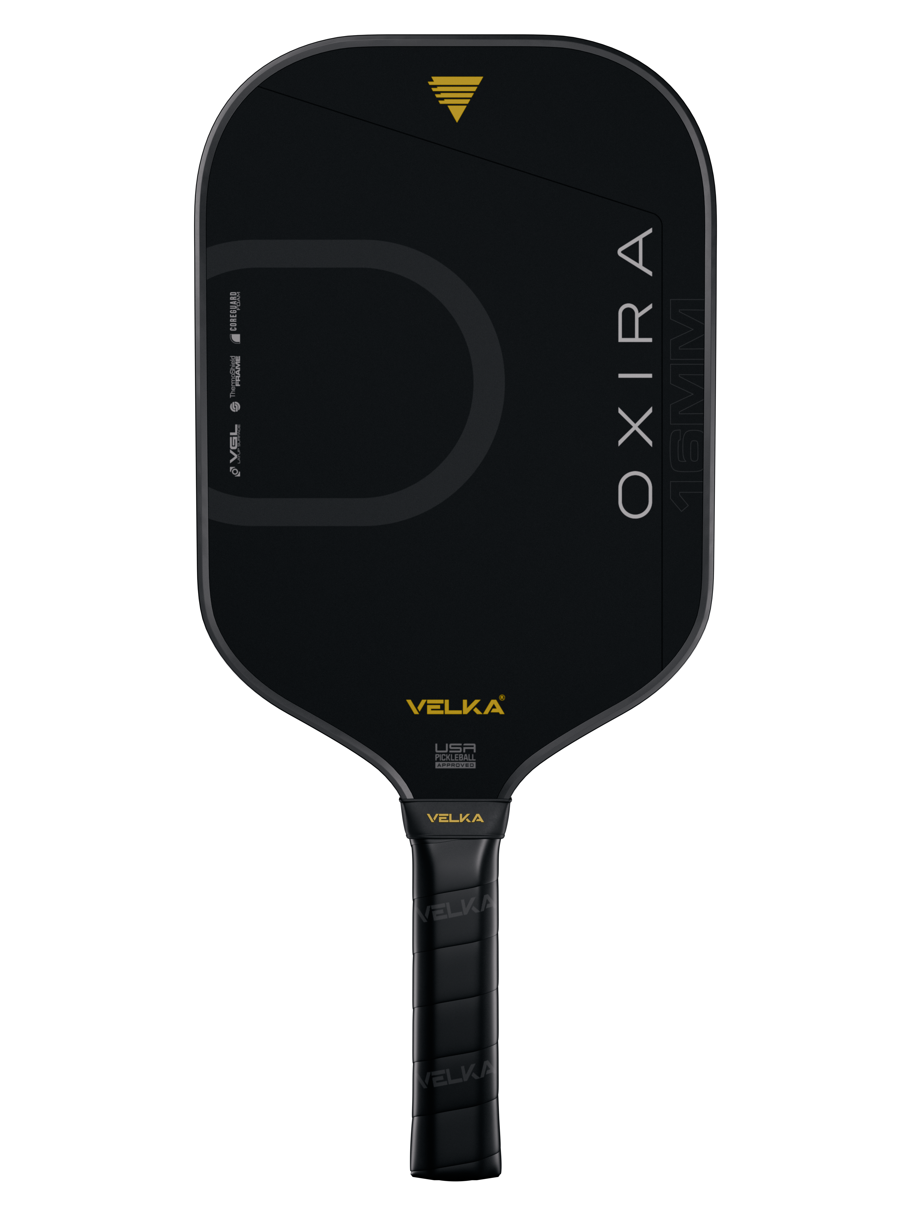 Black pickleball paddle with 'OXIRA' branding on a transparent background