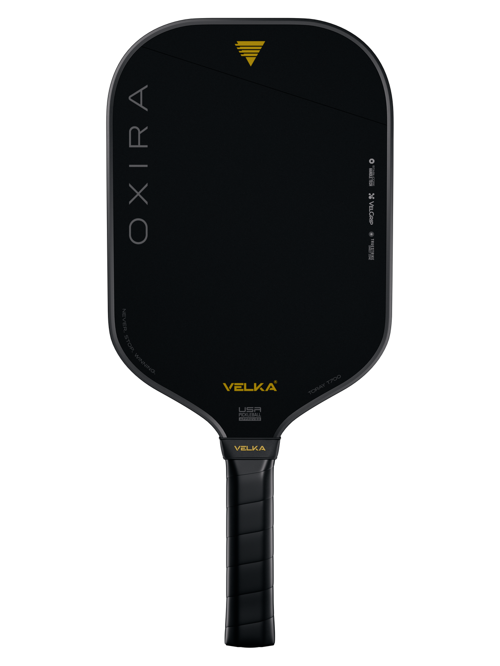 Black pickleball paddle with 'Oxira' and 'Velka' branding on a white background