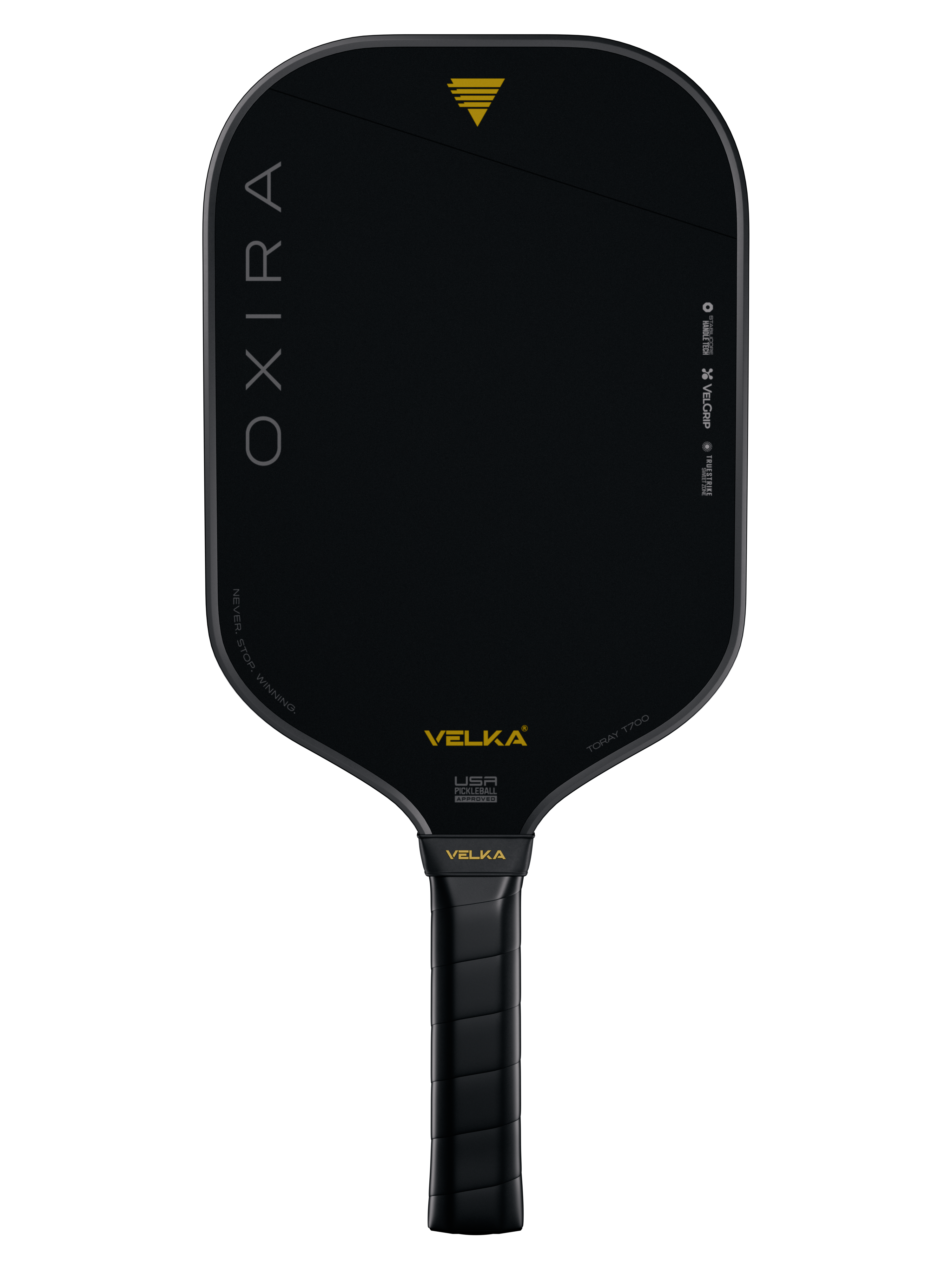 Black pickleball paddle with 'Oxira' and 'Velka' branding on a white background