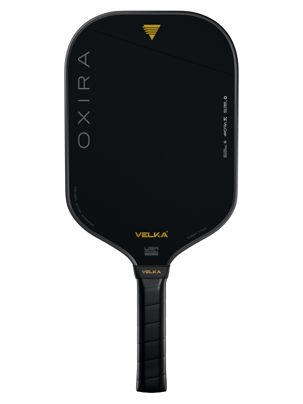 Black pickleball paddle with 'OXIRA' and 'VELKA' branding on a transparent background