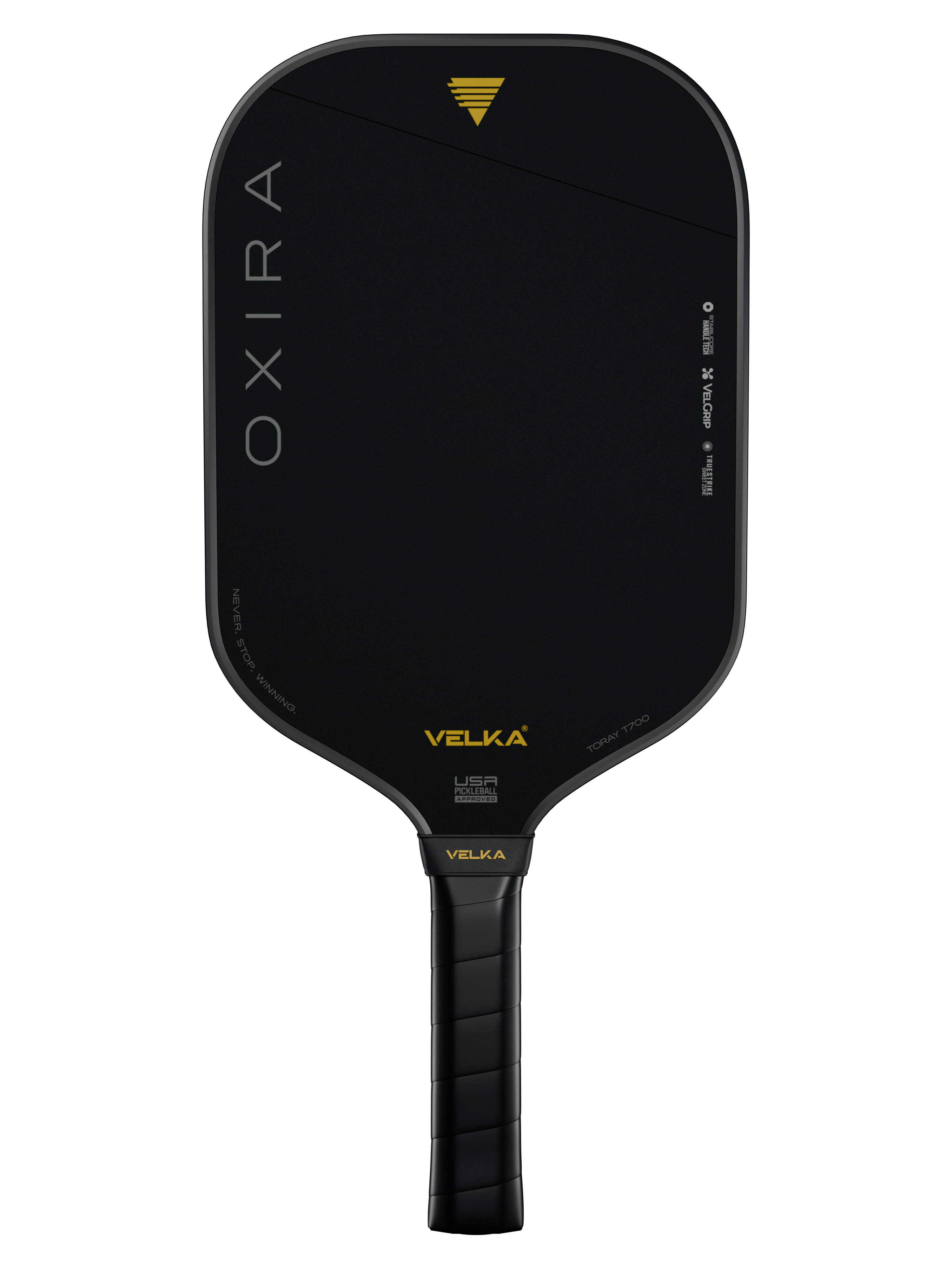 Black pickleball paddle with 'OXIRA' and 'VELKA' branding on a transparent background