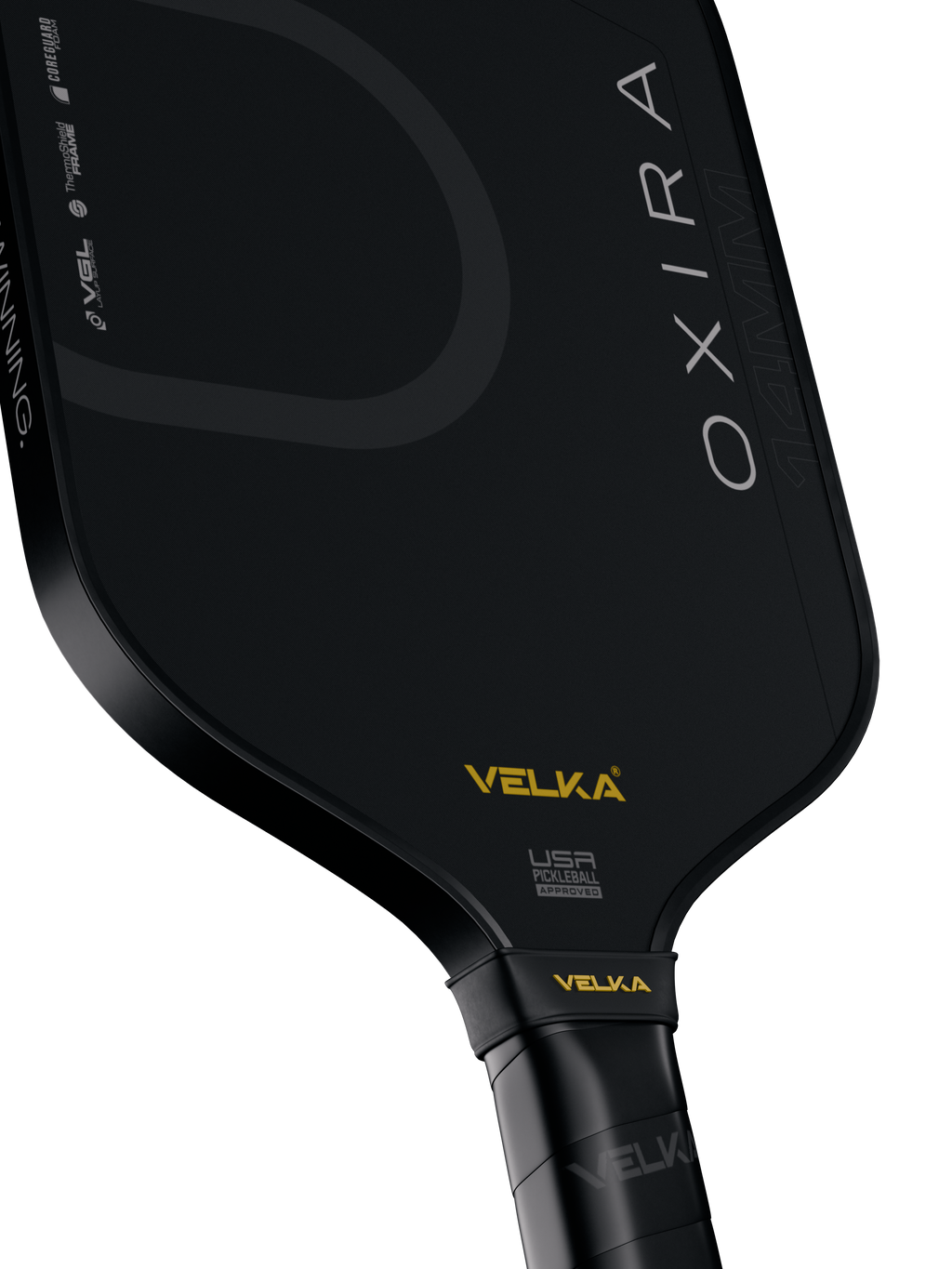 Black pickleball paddle with 'Oxira' and 'Velka' branding on a white background