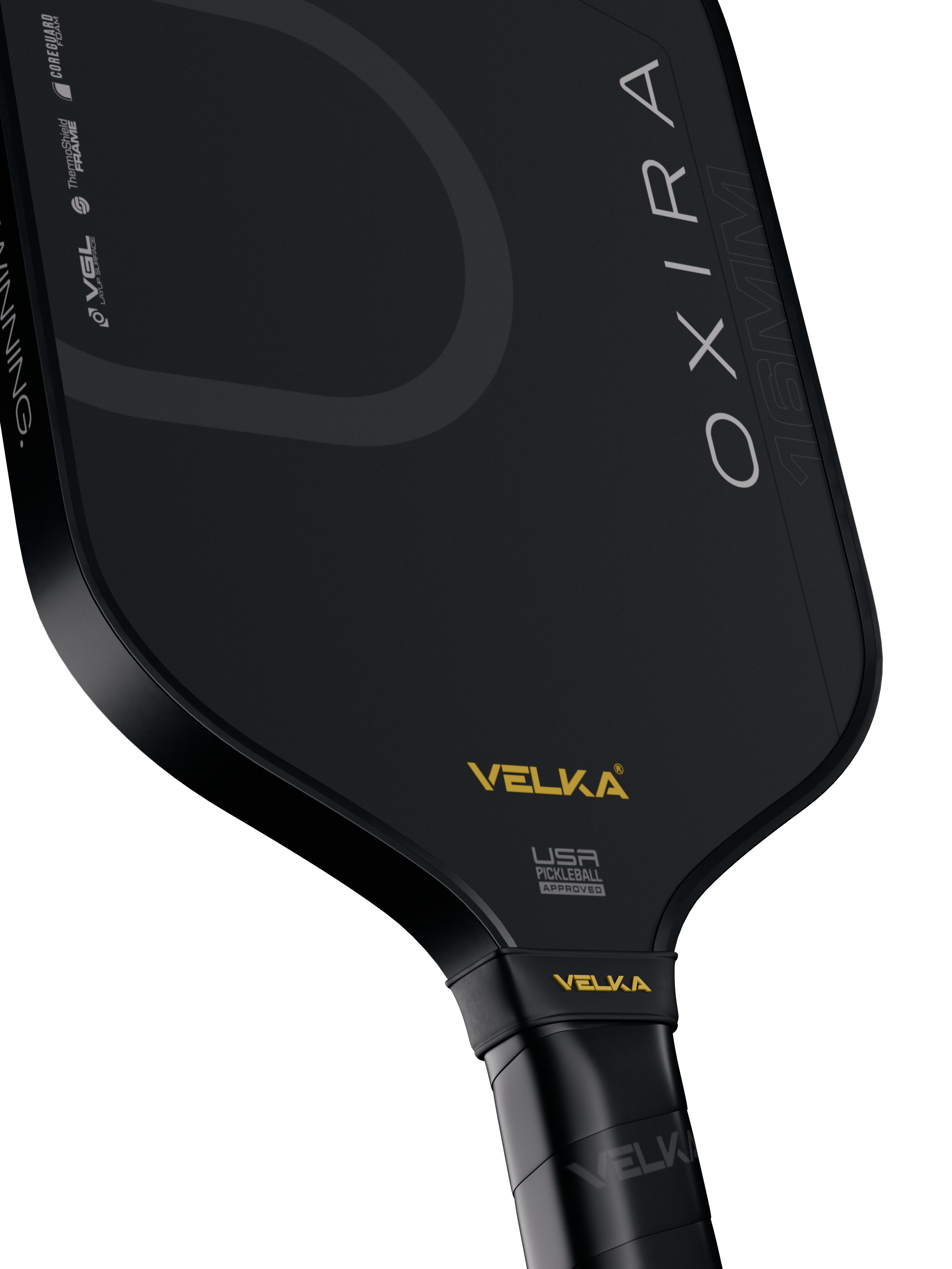 Black pickleball paddle with 'OXIRA' branding on a transparent background