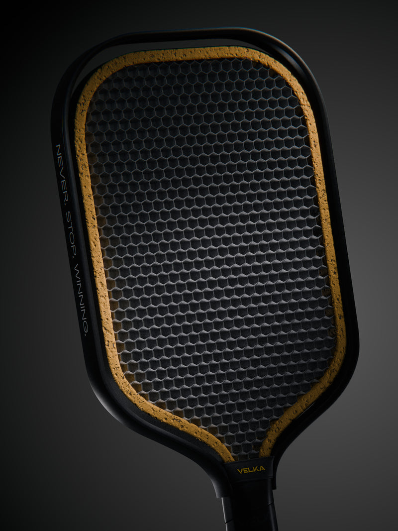 Velka Oxira pickleball paddle's core showcase, on a black background.