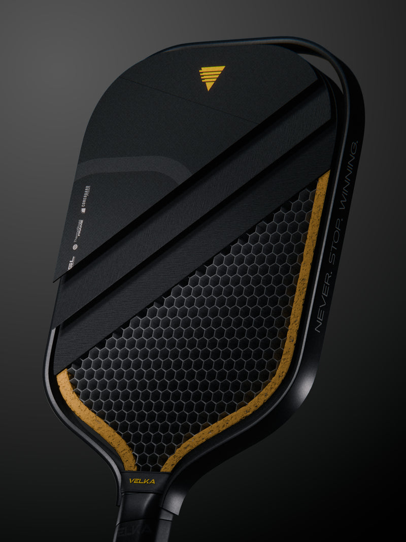 Velka Oxira pickleball paddle surface layer showcase on a black background.