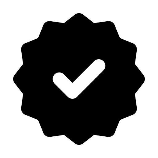 Black badge with a white check mark on a white background
